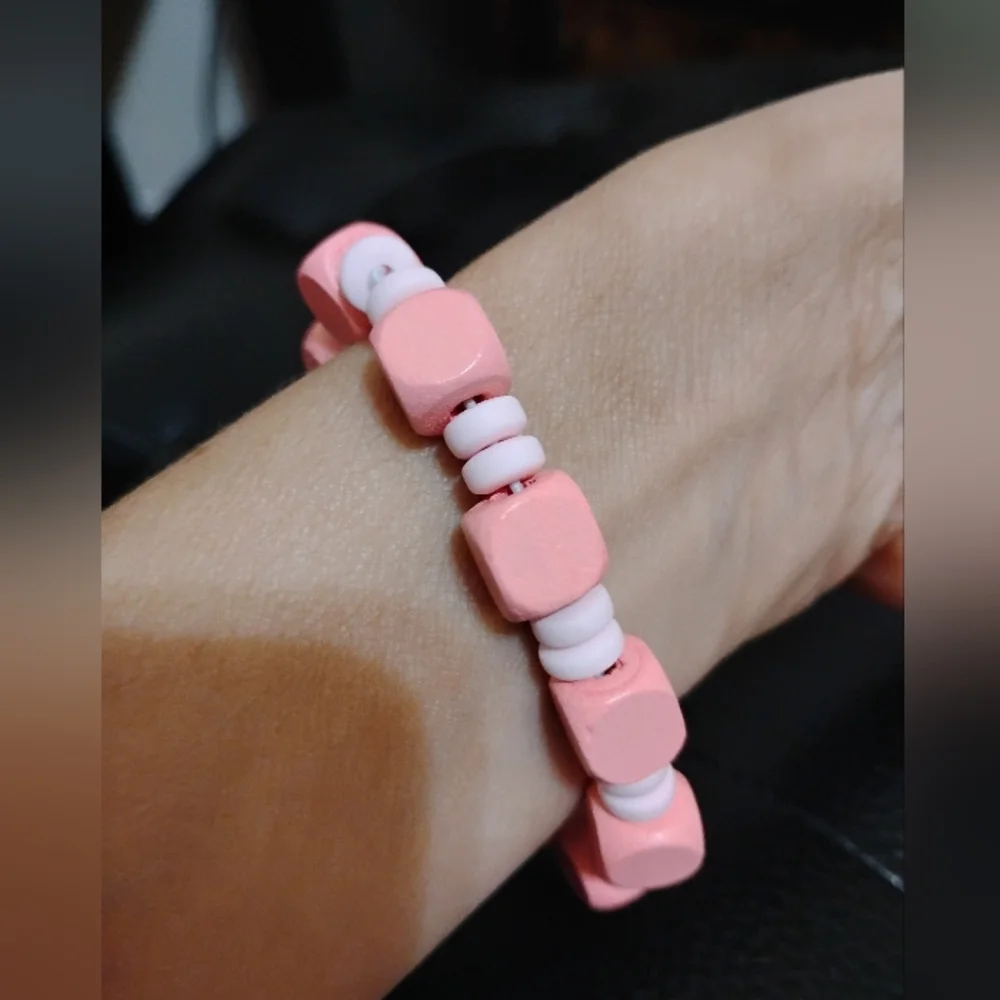 Pink Wooden & Clay Beaded Bracelet Mix Media Stretchy String